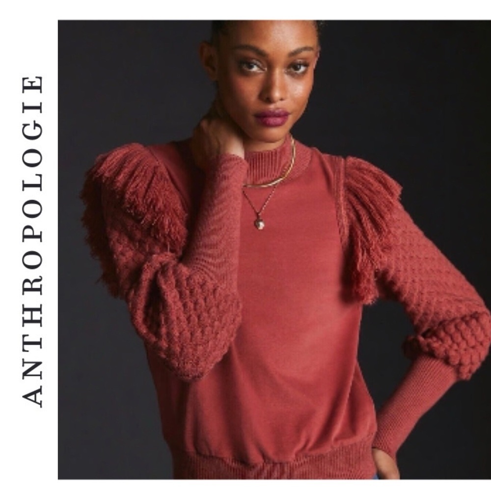 NWT Anthropologie  Womens DOLAN Fringed Sweater Bubble Quilted Sleeve Cocoa xxs